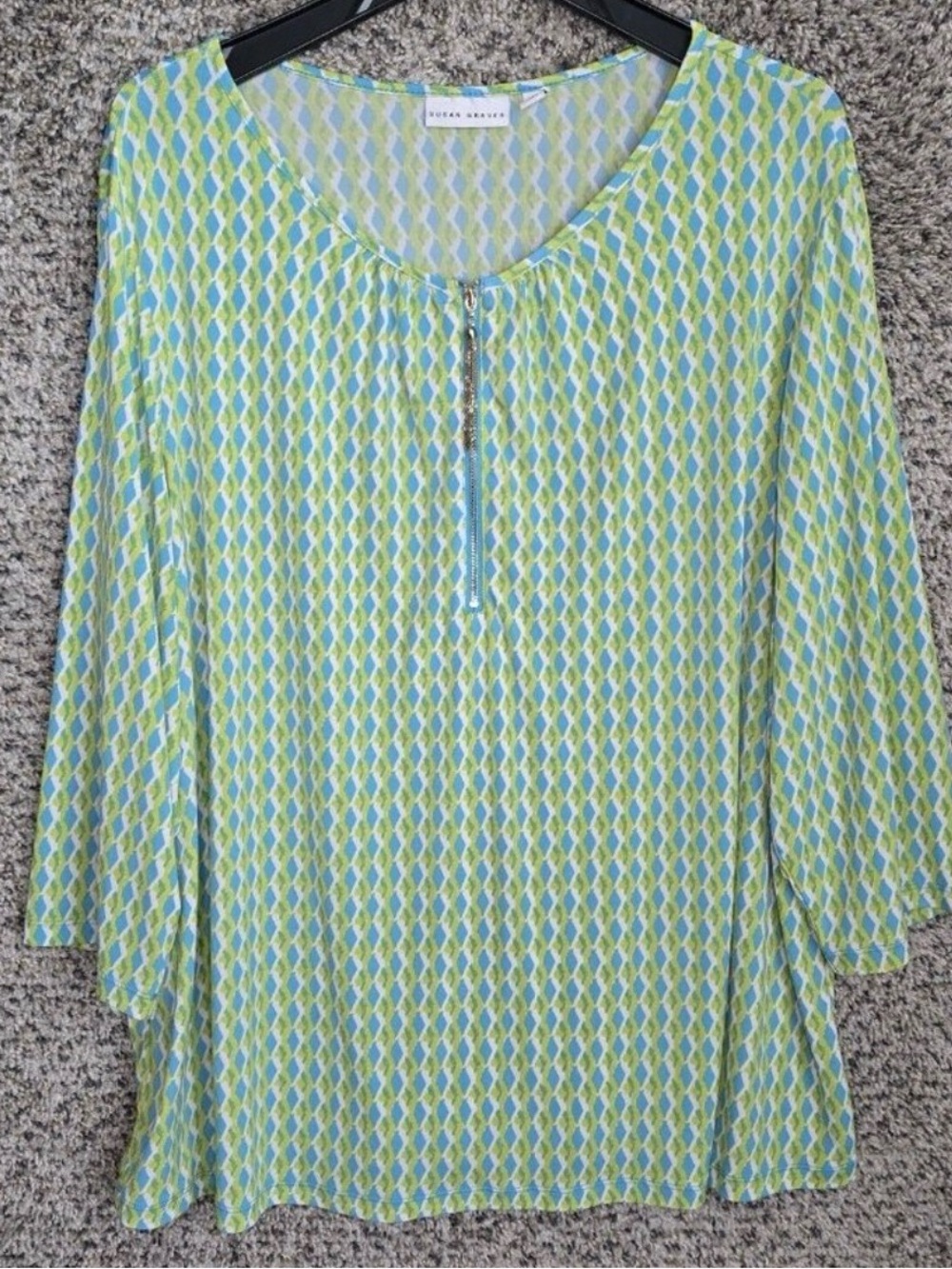 Susan Graver Top Womens Plus 2X Green Liquid Knit Blouse Zip Scoop Neck Ladies